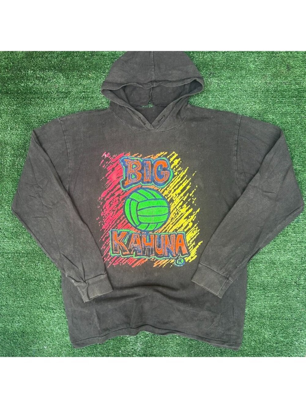 Vintage 80s Big Kahuna Beach Volleyball Hoodie Faded Black S Neon Surfer Grunge